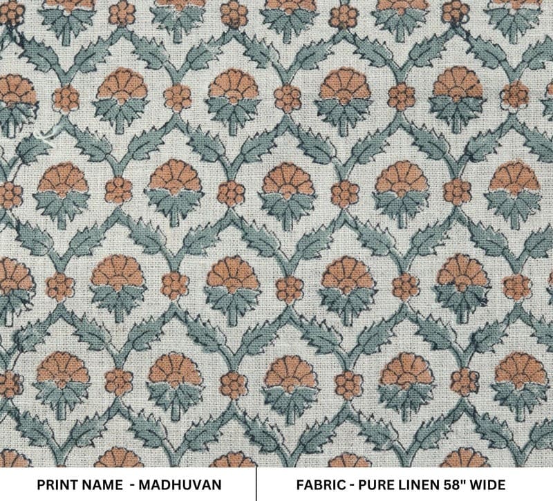 Block Print Brown Gray Floral Linen Fabric for Pillows - Madhuvan