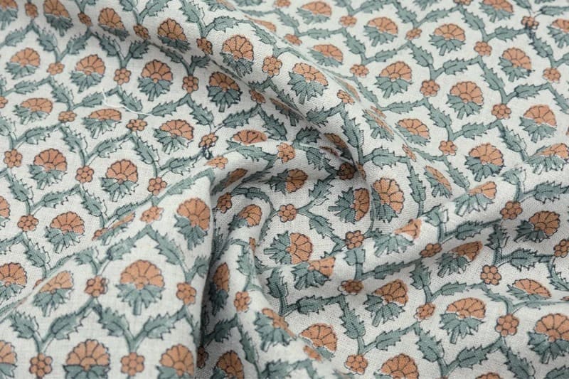 Block Print Brown Gray Floral Linen Fabric for Pillows - Madhuvan