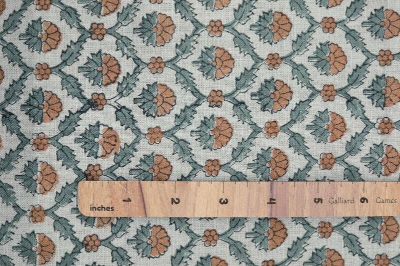 Block Print Brown Gray Floral Linen Fabric for Pillows - Madhuvan