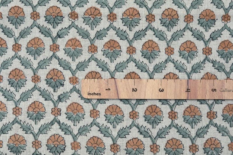 Block Print Brown Gray Floral Linen Fabric for Pillows - Madhuvan