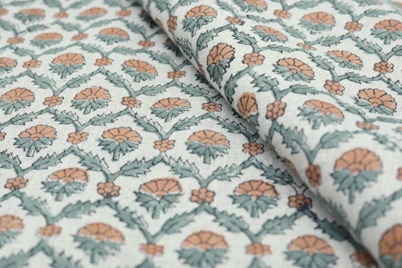 Block Print Brown Gray Floral Linen Fabric for Pillows - Madhuvan