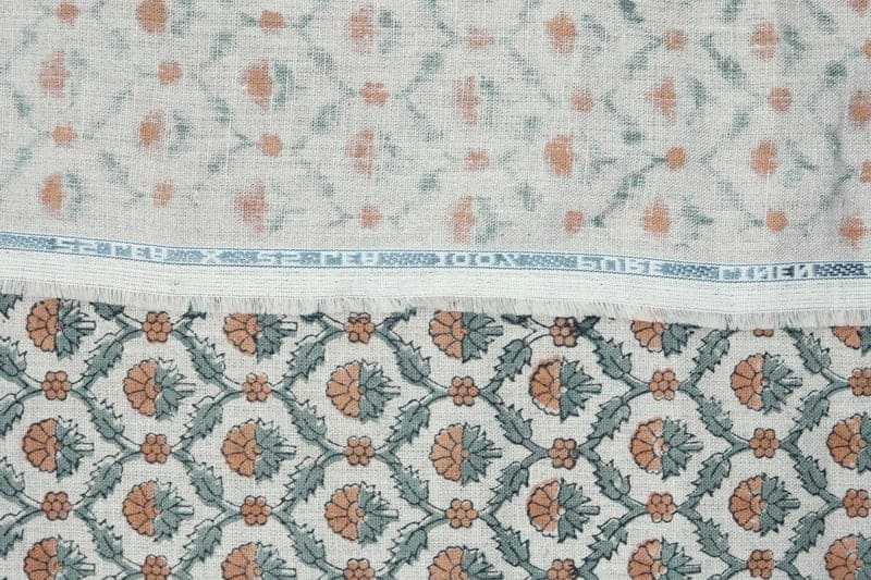 Block Print Brown Gray Floral Linen Fabric for Pillows - Madhuvan