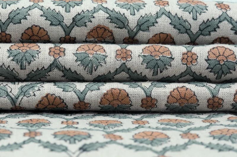 Block Print Brown Gray Floral Linen Fabric for Pillows - Madhuvan