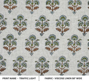 Block Print Brown Green Floral Viscose Linen Curtains - Traffic Light