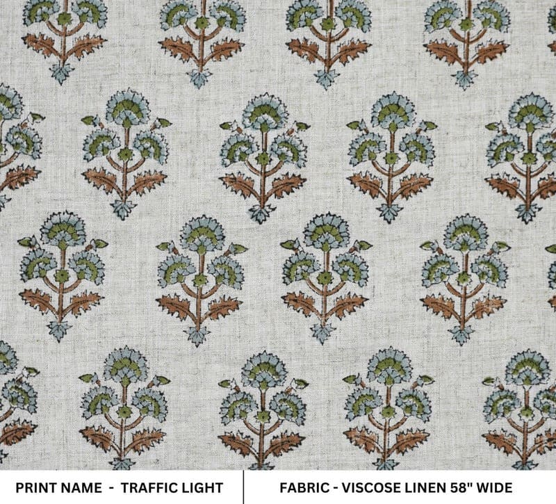 Block Print Brown Green Floral Viscose Linen Curtains - Traffic Light
