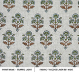 Block Print Brown Green Floral Viscose Linen Curtains - Traffic Light
