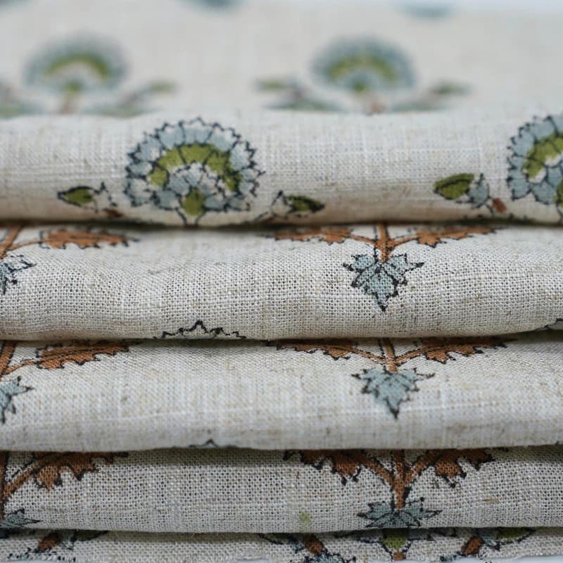 Block Print Brown Green Floral Viscose Linen Curtains - Traffic Light
