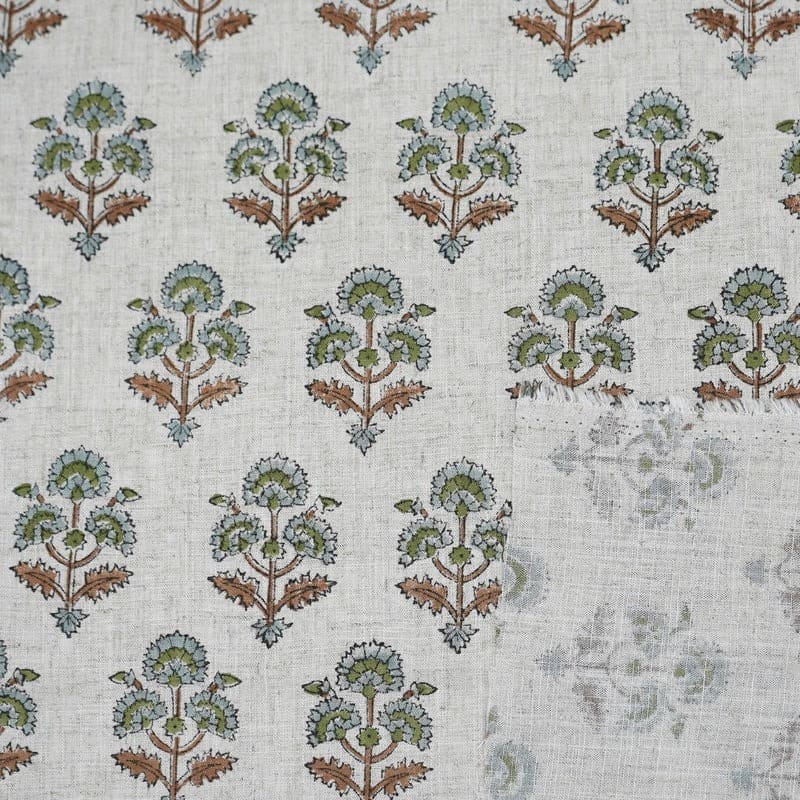 Block Print Brown Green Floral Viscose Linen Curtains - Traffic Light