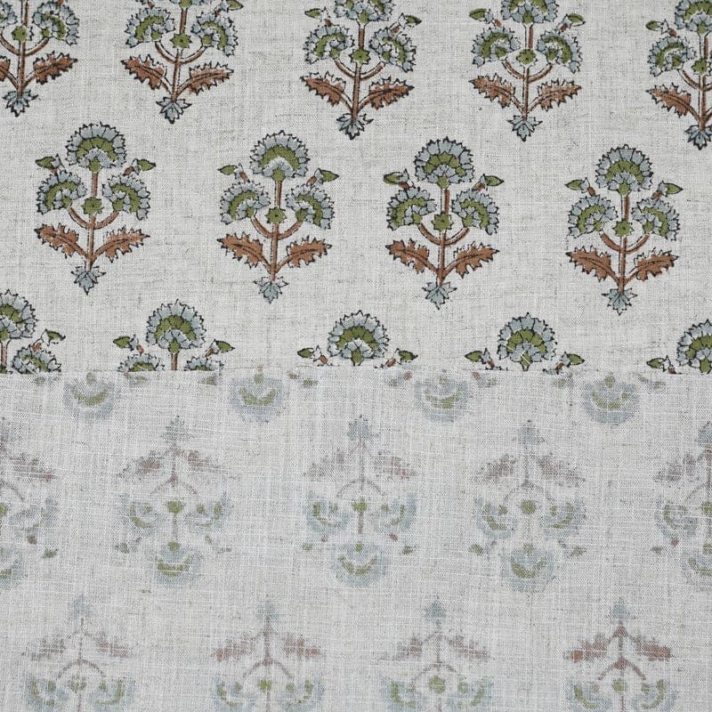 Block Print Brown Green Floral Viscose Linen Curtains - Traffic Light