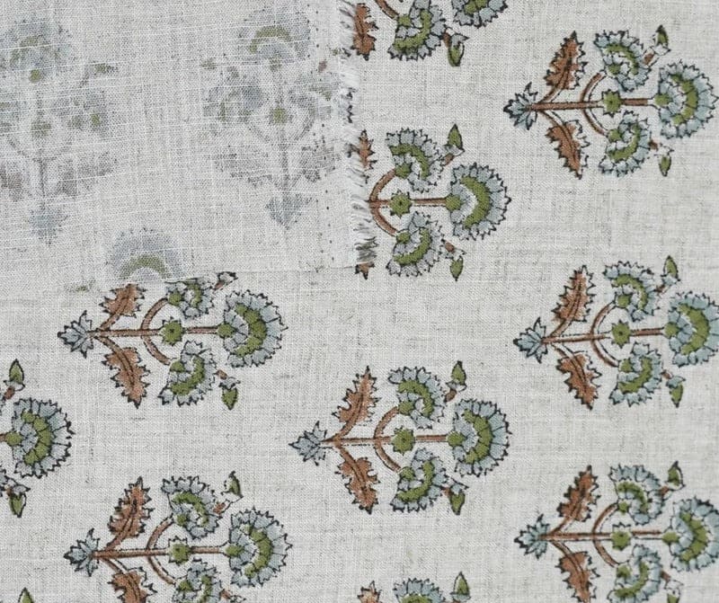 Block Print Brown Green Floral Viscose Linen Curtains - Traffic Light