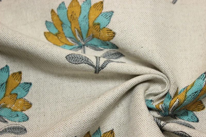 Block Print Brown & Green Duck Canvas Fabric - Summer Flower