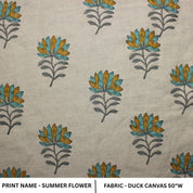 Block Print Brown & Green Duck Canvas Fabric - Summer Flower