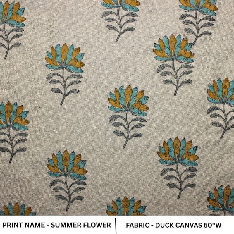 Block Print Brown & Green Duck Canvas Fabric - Summer Flower