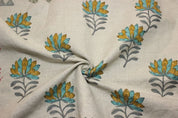 Block Print Brown & Green Duck Canvas Fabric - Summer Flower