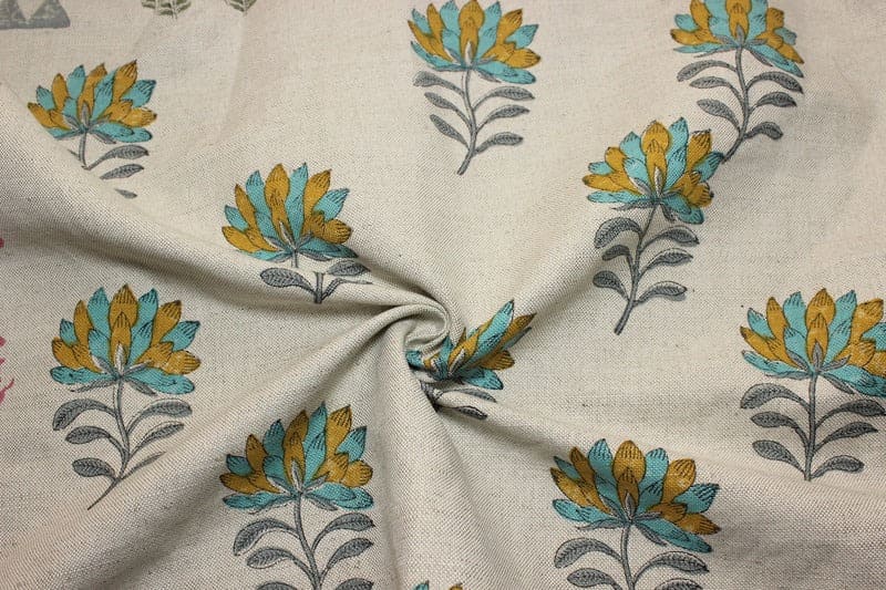 Block Print Brown & Green Duck Canvas Fabric - Summer Flower