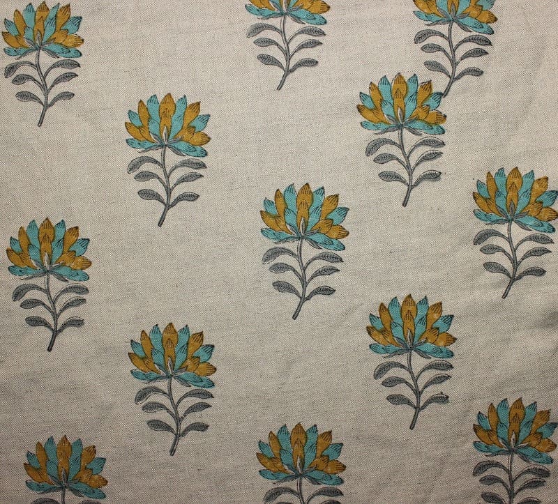 Block Print Brown & Green Duck Canvas Fabric - Summer Flower