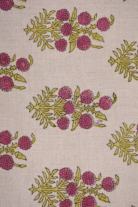 Block Print Floral Linen Fabric Rose Gold Mustard - HJARA