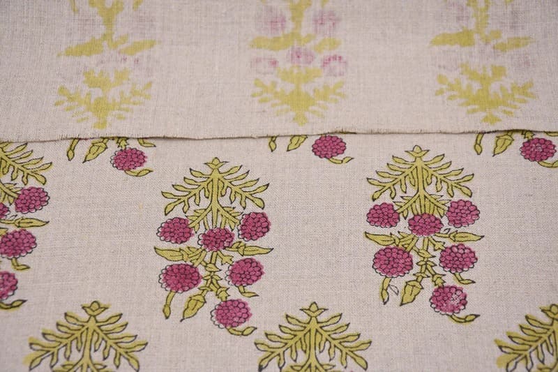 Block Print Floral Linen Fabric Rose Gold Mustard - HJARA