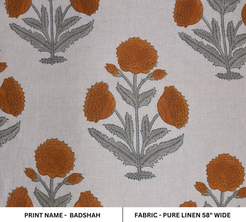 Block Print Gray Bronze Floral Linen Fabric 58" for Pillows – Badshah