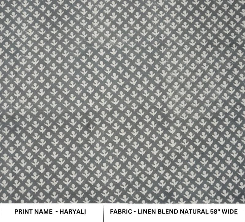 Block Print Gray Linen Fabric Indian Accent for Cushions -Hariyali