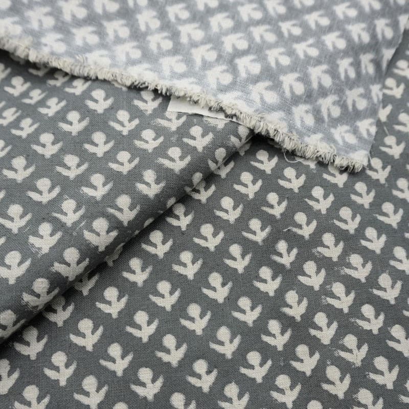Block Print Gray Linen Fabric Indian Accent for Cushions -Hariyali