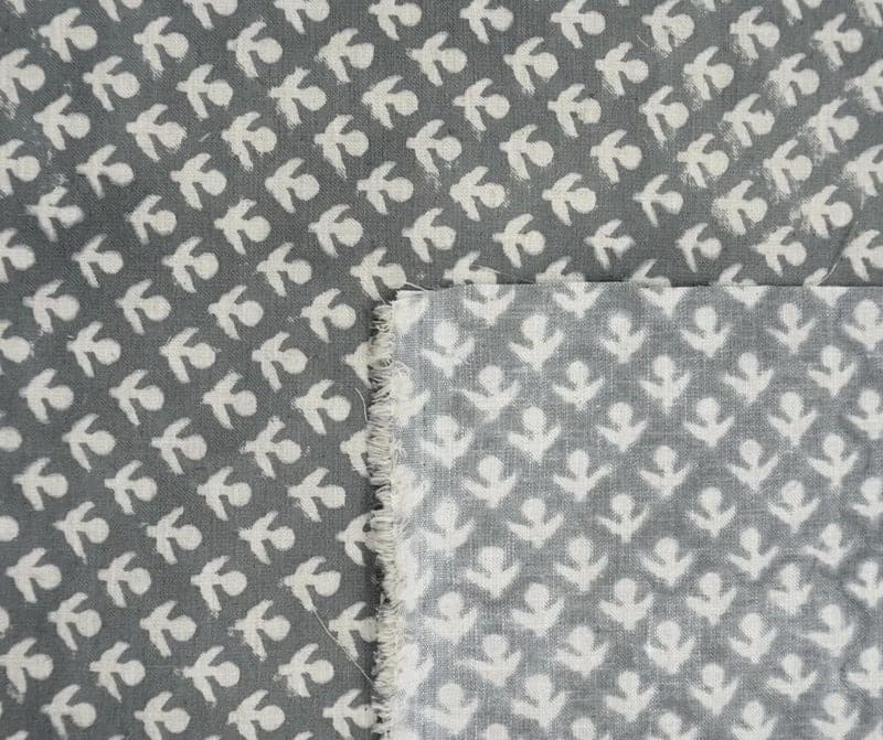 Block Print Gray Linen Fabric Indian Accent for Cushions -Hariyali