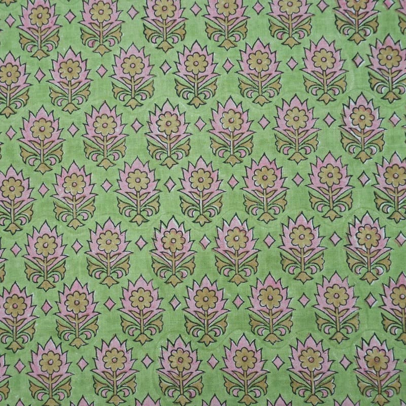 Indian Block Print Green Floral Linen Curtains Fabric - Kusum
