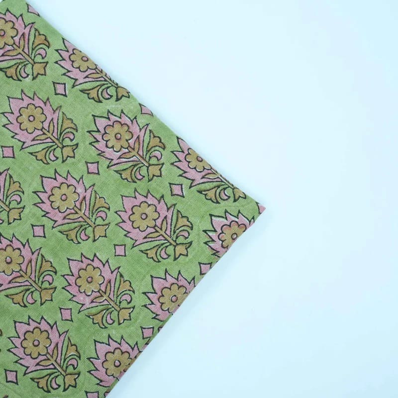 Indian Block Print Green Floral Linen Curtains Fabric - Kusum