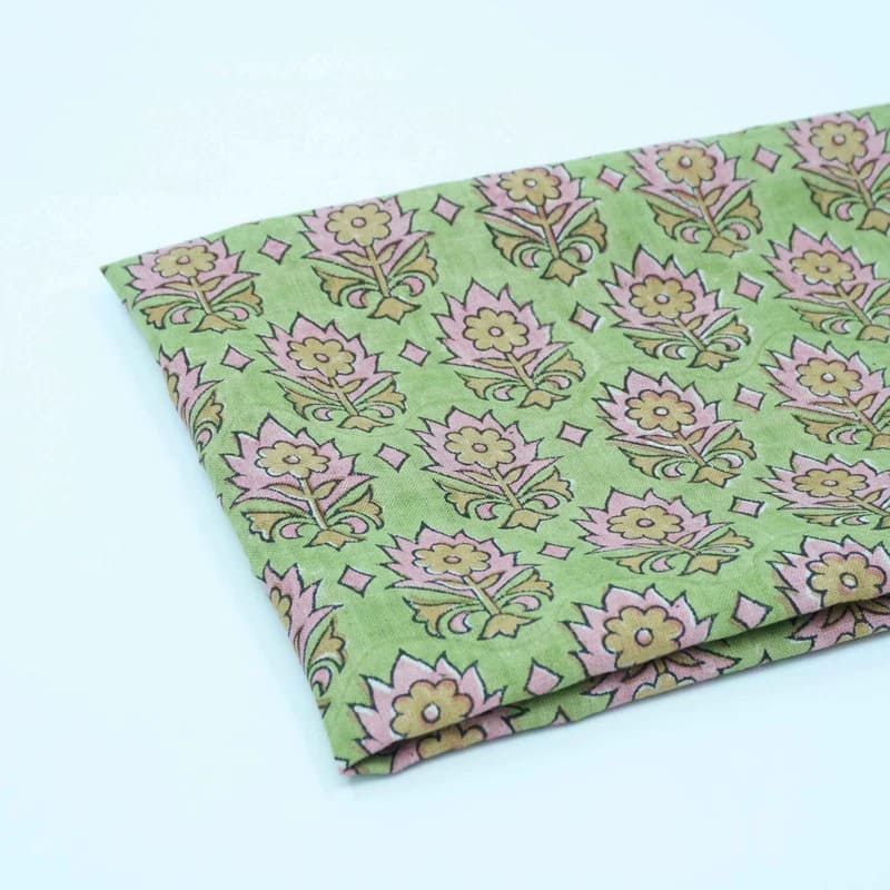 Indian Block Print Green Floral Linen Curtains Fabric - Kusum