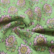 Indian Block Print Green Floral Linen Curtains Fabric - Kusum