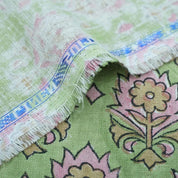Indian Block Print Green Floral Linen Curtains Fabric - Kusum