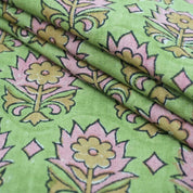 Indian Block Print Green Floral Linen Curtains Fabric - Kusum