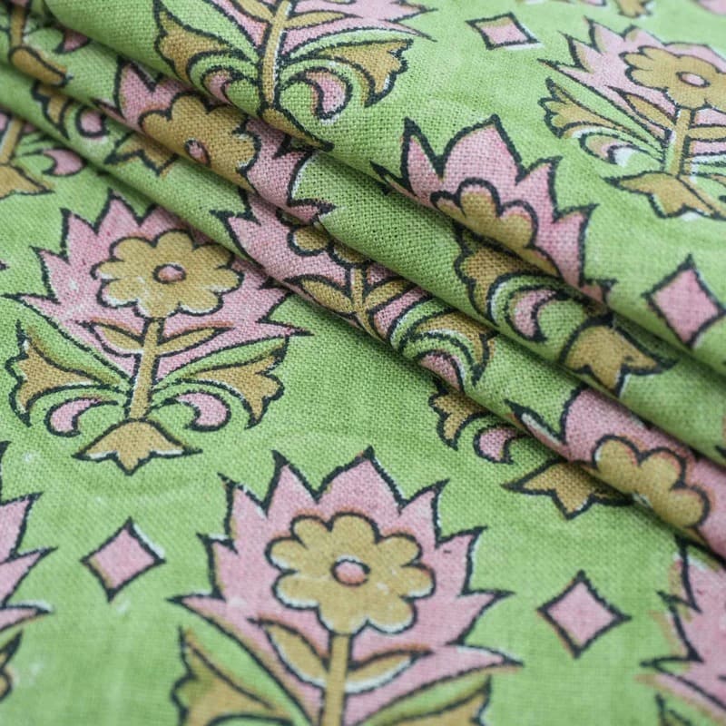 Indian Block Print Green Floral Linen Curtains Fabric - Kusum