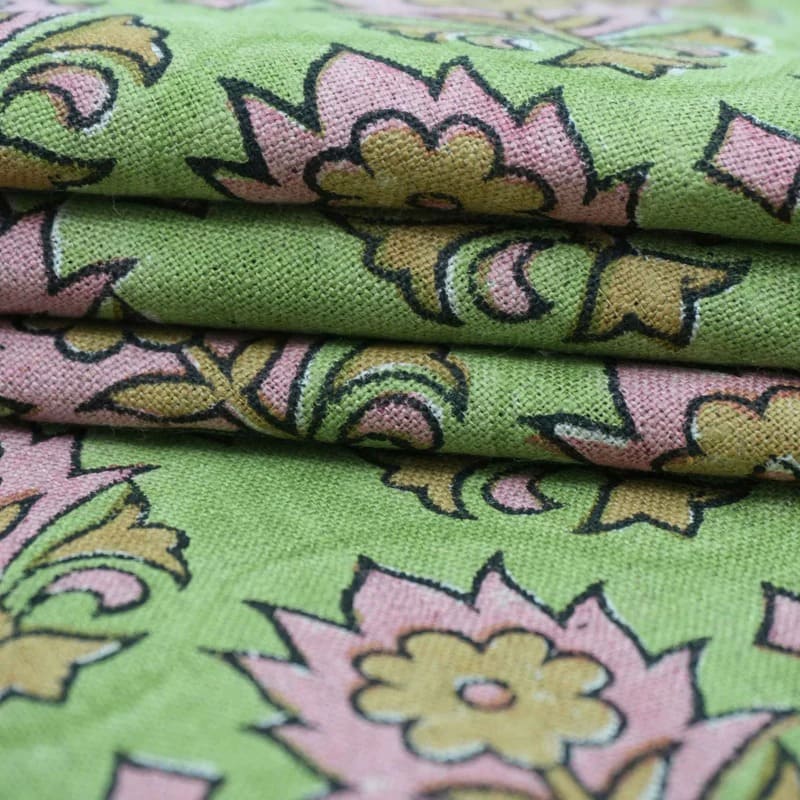 Indian Block Print Green Floral Linen Curtains Fabric - Kusum