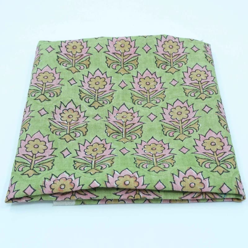 Indian Block Print Green Floral Linen Curtains Fabric - Kusum