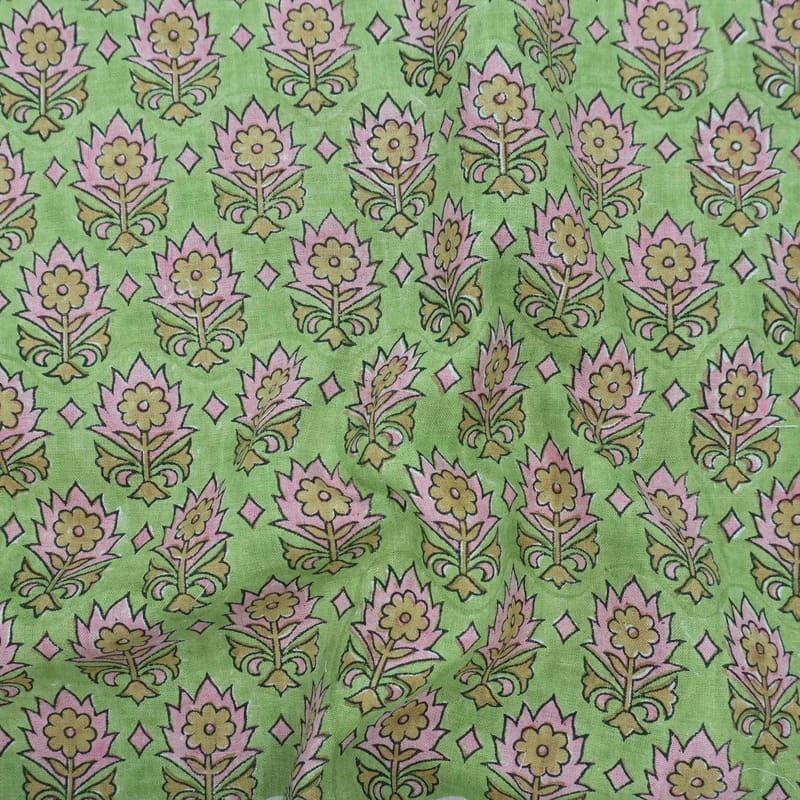 Indian Block Print Green Floral Linen Curtains Fabric - Kusum