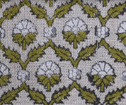 Block Print Green White Floral Linen Fabric For Cushions - Madhuvan