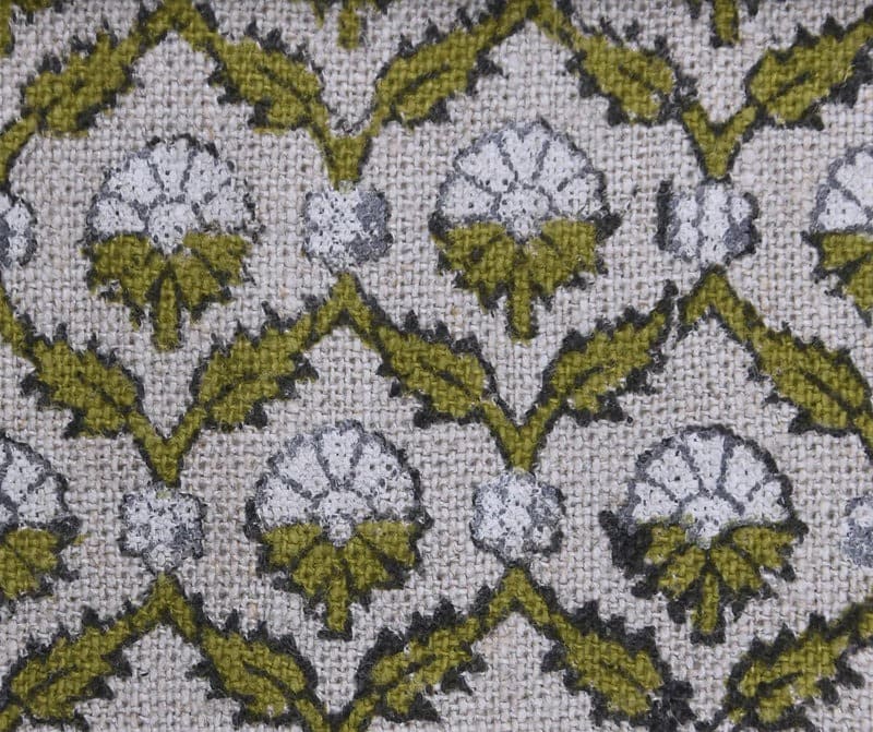 Block Print Green White Floral Linen Fabric For Cushions - Madhuvan