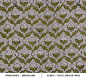 Block Print Green White Floral Linen Fabric For Cushions - Madhuvan