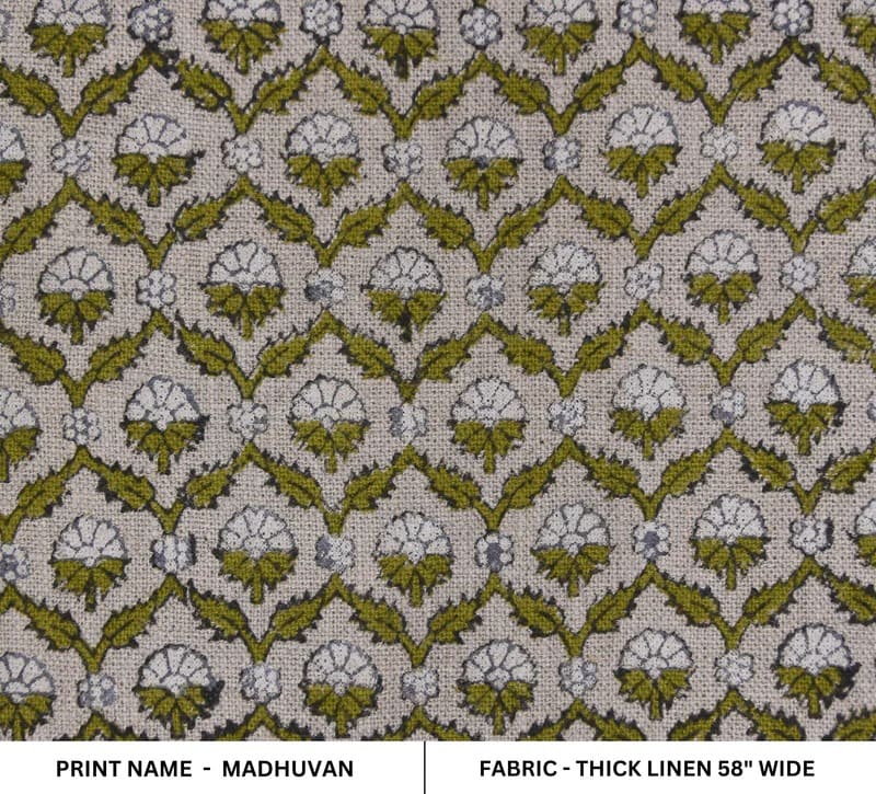 Block Print Green White Floral Linen Fabric For Cushions - Madhuvan