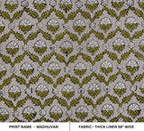 Block Print Green White Floral Linen Fabric For Cushions - Madhuvan