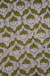 Block Print Green White Floral Linen Fabric For Cushions - Madhuvan