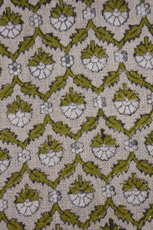 Block Print Green White Floral Linen Fabric For Cushions - Madhuvan