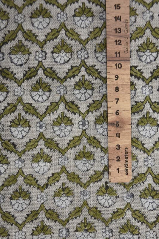 Block Print Green White Floral Linen Fabric For Cushions - Madhuvan