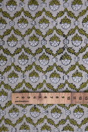Block Print Green White Floral Linen Fabric For Cushions - Madhuvan