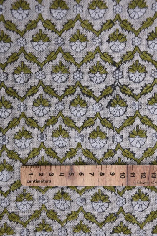 Block Print Green White Floral Linen Fabric For Cushions - Madhuvan