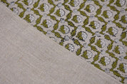 Block Print Green White Floral Linen Fabric For Cushions - Madhuvan