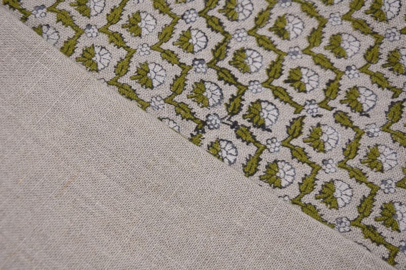 Block Print Green White Floral Linen Fabric For Cushions - Madhuvan