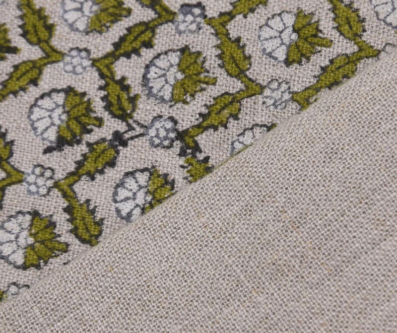 Block Print Green White Floral Linen Fabric For Cushions - Madhuvan