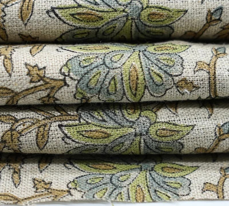 BlockPrintGreen_GrayLeafFloralLinenFabric-Neerabel_3.jpg